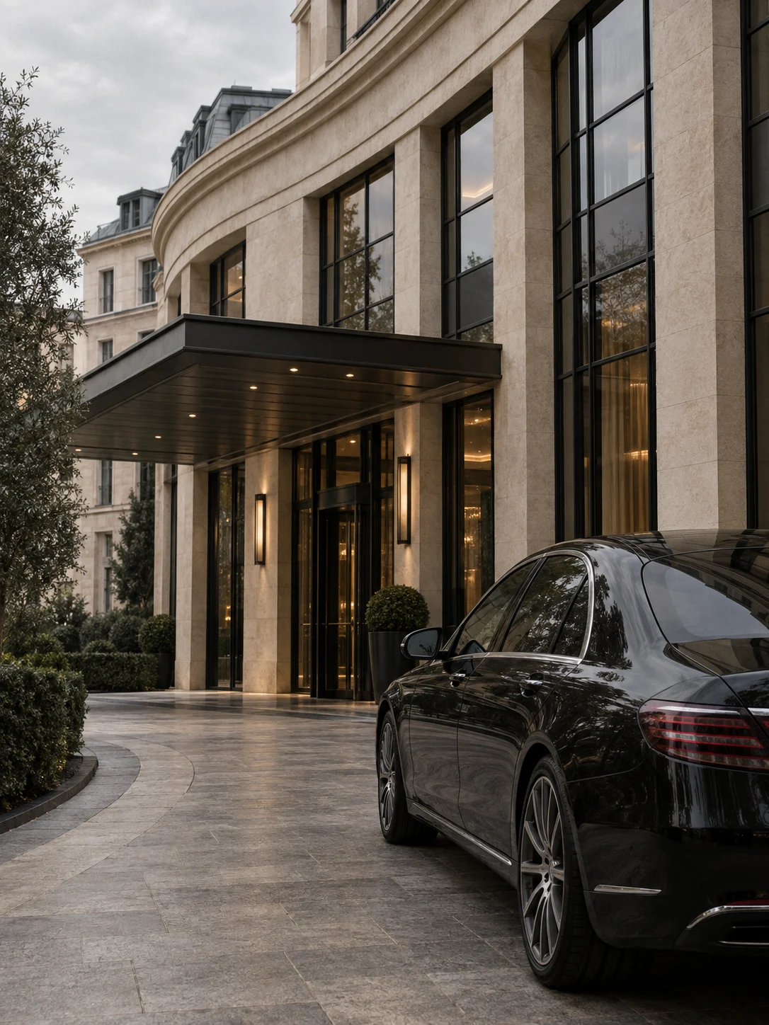 Understated hotel entrance and executive vehicle, conceptual editorial imagery